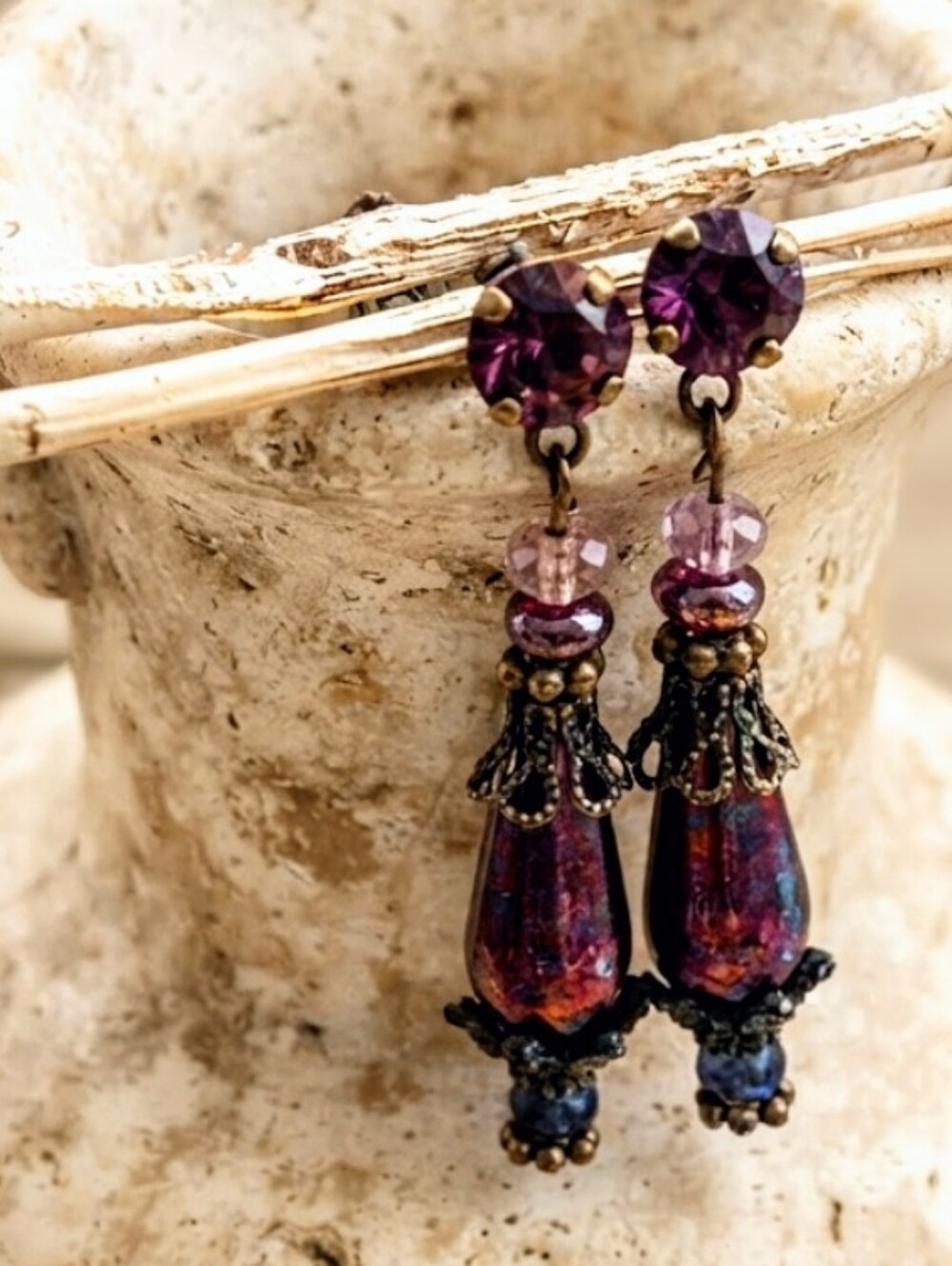 Victorian Wine Amethyst Swarovski Crystal & Glass Ornate Brass Earrings